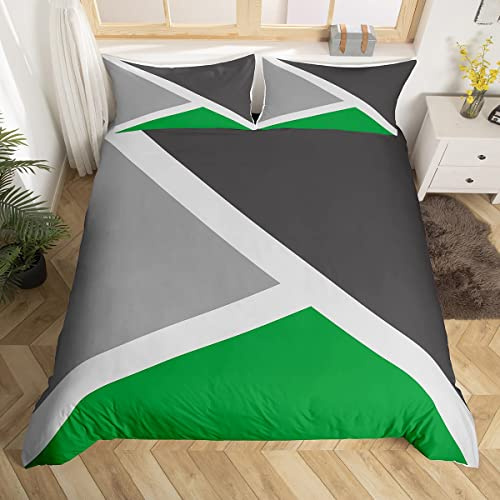 Homewish Green and Gray Duvet Cover Set with 2 Pillowcases - Double Size, 100% Soft & Breathable Polyester, Zip Closure - Geometric Triangle Bedding - Modern Simple Pattern with Black Reverse