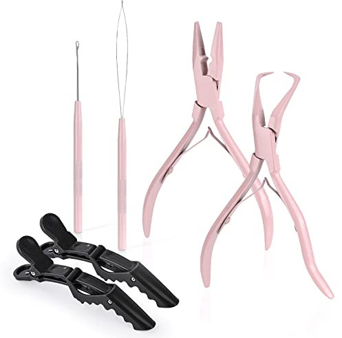 EHDIS Hair Extensions Tools Kit, 2 Stainless Steel Pliers for Hair Apply&Remove Micro Ring Loop, 2 Loop Needle Threader Pulling Hook, 2 Clip, Multi Functional Hair Extension Tool, Pink
