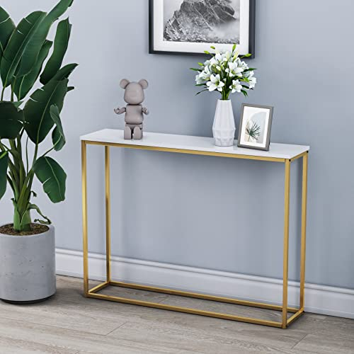 URBNLIVING Wooden Hallway Console Table with Metal Legs (White Top and Gold Legs)