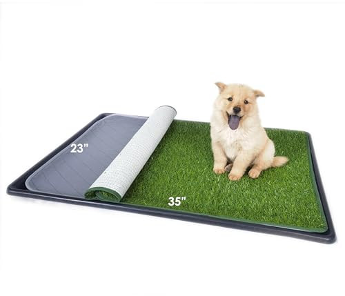 Dewonch Dog Artificial Grass Pad with Tray for Puppy Potty Training, Fake Turf Patch & Washable Pee Pad Pet Loo for Small and Medium Dogs, Indoor or Outdoor Use (Potty System 35.4” x 23.6”)