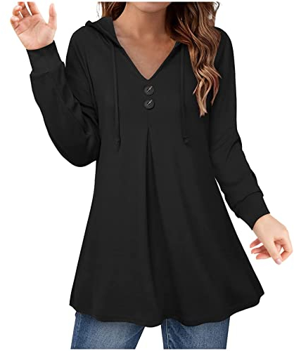 Damen Outfit Damen V-Ausschnitt Sexy Top Langarm Kapuzen Tunika Tops Button Swing Pullover Tops Hoodie Weiche warme Sweatshirts Top Damen Sexy