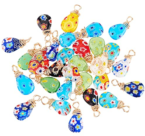 PandaHall 30 Stück Lampwork-Anhänger Tropfenförmige Millefiori-Lampwork-Glasanhänger Bunte Perlen-Charms Für DIY-Ohrring Schmuck Armband Halskette Halsband Basteln Reißverschluss-Abzieher-Herstellung