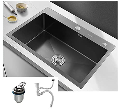 MBROS Fregadero de Cocina Negro, Fregadero de Servicio Moderno de Acero Inoxidable, Fregadero de Barra Comercial de Montaje Superior, Nuevo Fregadero Combinado Nano de un tazón, Fregadero de lavan