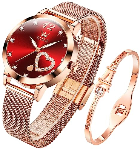 OLEVS Damenuhr Roségold mit Herz Diamant Rot Gesicht Armbanduhr wasserdicht Armreif Armband Set Armbanduhren für Damen