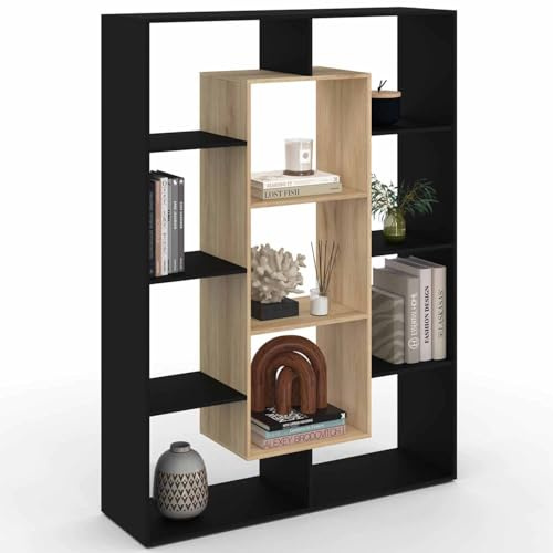 IDMarket - Bücherregal Colette mit 11 Fächern in Schwarz und Holzeffekt H.143 cm