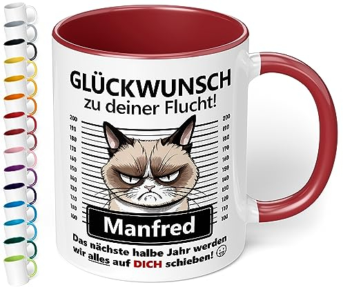 True Statements Abschiedsgeschenk für Kollegen: Keramik-Tasse personalisiert „Glückwunsch zu deiner Flucht!“ - 330ml - Katzen-Motiv - lustiger Kaffeebecher | Geschenk Abschied neuer Job (Bordeaux)