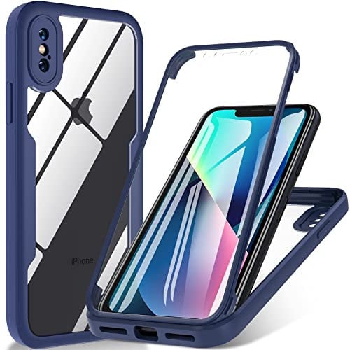 OWKEY for iPhone X Case, iPhone XS Case, [Military Grade Drop] 360° Full Body Shockproof Bumper Case with Built-in Soft PET Screen Protector, Rugged Cover Phone Case for iPhone X|XS 5.8 inch, Blue