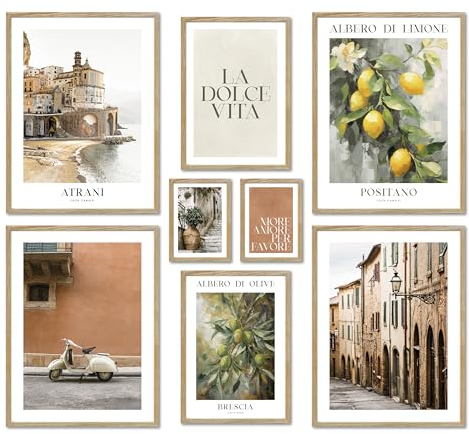 ARTFAVES® Poster Set - LA DOLCE VITA ITALY - mehrteilige Wanddeko Wohnzimmer & Schlafzimmer - 8 moderne Wandbilder Italien, mediterran, Toskana, grün, terrakotta - mit Rahmen Eiche