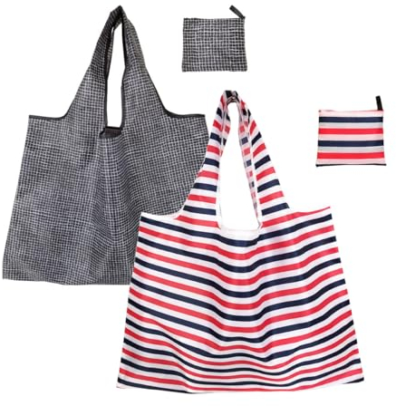 FAVORTALK Shopping Bags Foldable - 2 Pcs Fold Up Shopper Bag in Pouch Large Packaway Nylon Shop Bags for Life Reusable Grocery Bags Lightweight Folding Up Bag for Kitchen Storage- 16614