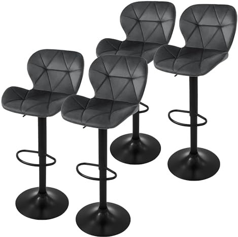 ML-Design Lot de 4 Tabourets de Bar en Velours, Gris, Chaise Rembourrée avec Dossier et Repose-Pieds, Réglable en Hauteur 59-79 cm, Pivotante à 360°, Tabouret de Comptoir, Cuisine, Pub, Bar de Maison