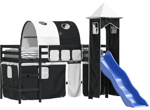 vidaXL Kinderhochbett, Hochbett mit Turm Rutsche, Spielbett Bett für Kinder ab 6 Jahren, Kinderbett Etagenbett Stockbett, Weiß Schwarz 90x190cm Kiefernholz