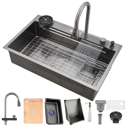 Küchenspüle, Schwarz, 1 Becken, Einbauspüle in 86 x 50 cm, große Edelstahlspülen, modernisierte Wasserfallspüle, praktisch mit Zubehör