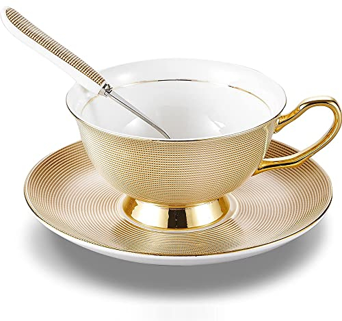 HUAMu Ensemble Tasse Soucoupe Porcelaine Anglaise à la Cendre d'os, Bone Chine Service à Thé Café,avec Cuillère,Doré- 1 Set 200ml