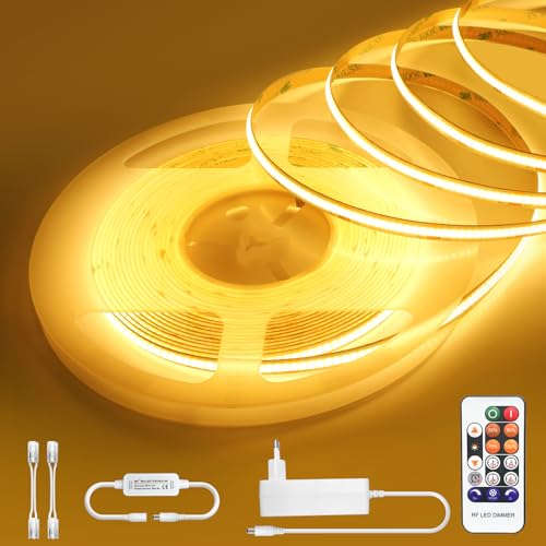 COB Led Streifen 10M Warmweiss Kit, LED Strip Dimmbar 24V Selbstklebend 3000K Warmweiß, Wasserdicht IP44 Led Band Flexibel mit Fernsteuerung, 10m Lichtband mit Netzteil für Bad Küche Wohnzimmer Deko