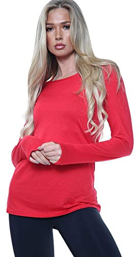 VEARZ® Womens Plain Long Sleeve T-Shirts – Ladies Stretchy Casual Basic Tops Summer Slim fit Round Neck Tee Tops Plus Size Red, 12-14