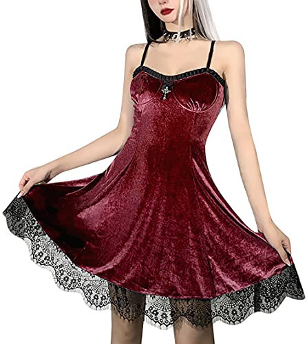 Womens Gothic Velvet Dress Sleeveless Lolita Fairy Dresses Vintage Witchy Camisole Dress Grunge Harajuku Lace Dress