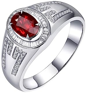 Dsnyu Gold Ring Herren 18 Karat, Hochzeitsringe Modeschmuck Halo Labor Geschaffener Rubin 0.7ct Oval Taubenblutrot Gr.66 (21.0) 750 Weißgold