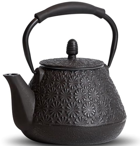 MILVBUSISS Cast Iron Teapot, 950ml Japanese Sakura Blossom Pattern Tea Kettle, Stovetop Safe, Infuser for Loose Leaf & Coffee, Silicone Handle, Enamel Interior, 32oz Black