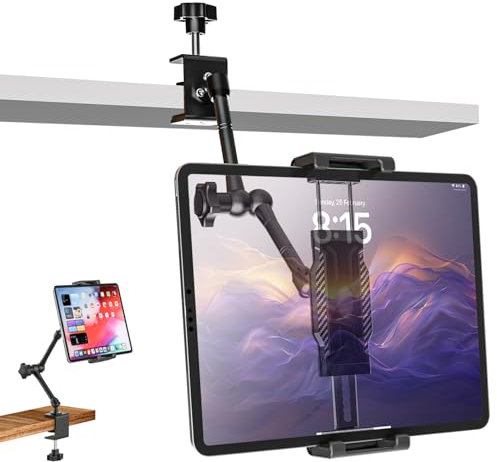 woleyi Supporto Tablet Cucina Scrivania [Adatto per Tavolo e Mobile] Supporto Tablet Banco con Braccio Metallico Regolabile per iPad Pro 12.9 Air Mini, Galaxy Tab Ultra, Switch, 6-14.6
