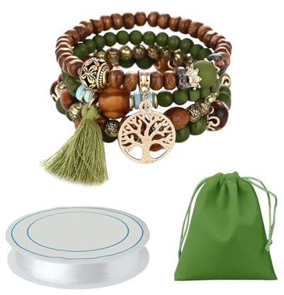 HDGSAFD 4 Stück Holzperlenarmbänder, 1 Rolle Perlenseil, 1 Stück Aufbewahrungstasche, Armband Im Böhmischen Ethno-Stil Mit Quastenarmband, Stretcharmband Aus Holzperlen, Schmuckgeschenk