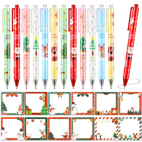 HOWAF 12 Kugelschreiber Weihnachten & Haftnotizen Weihnachten, Weihnachtsstifte Stifte Weihnachten, Weihnachten Haftnotizen Klebezettel für Weihnachts Schule, Geschenke Weihnachten Kinder