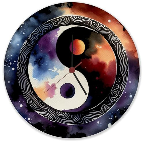 speecheese Yin und Yang Aquarell Wanduhr aus Glas Symbol für Balance und Harmonie schwarz-weißer Kreis Gegensätze vereint