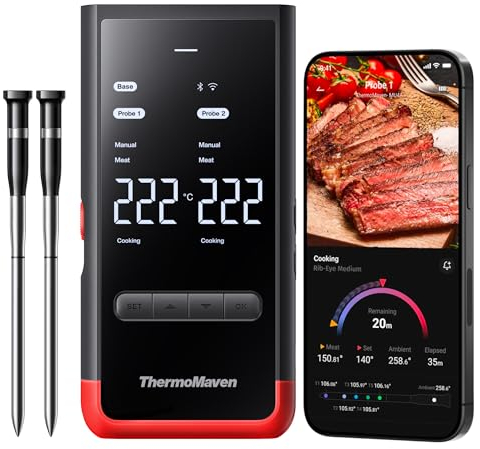 ThermoMaven Termómetro inteligente inalámbrico P2 para carne, Bluetooth 5.3 de 152 m, 2 sondas y 6 sensores, estabilidad ilimitada de monitoreo WiFi, IPX8, resistente al agua, horno de barbacoa,