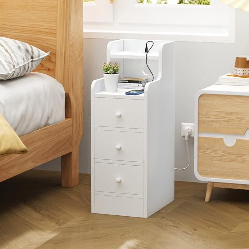 Chleby 1er Set Nachttisch Schmal, Beistelltisch mit 3 Schubladen und 1 Offenen Fach, Nachtkästchen mit Steckdose, Nachtschrank Hoher Nachttisch mit Ablagefächern 25x45x70cm Weiß