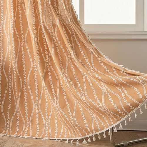 Sutuo Home Boho Curtains 84 Inches Length for Bedroom Living Room, Printed Cotton Linen Rod Pocket Rustic Farmhouse Bohemian Tassels Window Treatment, 1 Panel 59 W x 84 L, Terracotta Stripe Florals