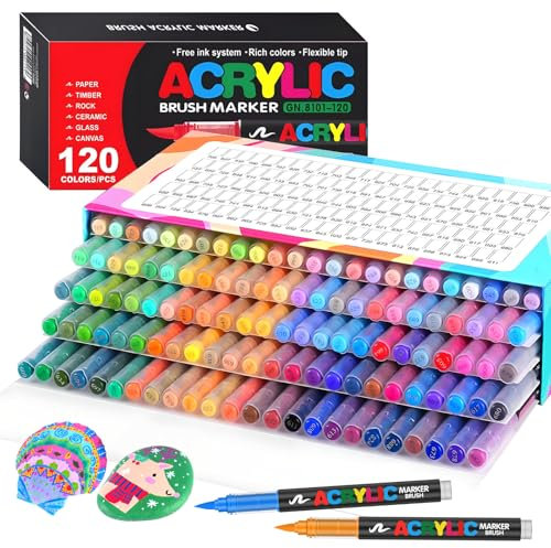 Efimeso 120 Colours Acrylic Paint Pens,Water-Based Brush Markers Paint Pens Acrylic Markers for Rock Painting, Canvas, Wood, Stone, Ceramic, Glass, Fabric
