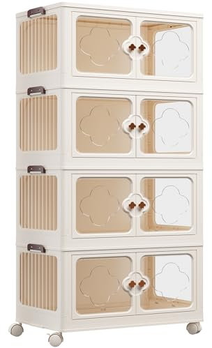EnHomee Storage Boxes with Lids, 4-Tier 154L 1 Lid Plastic Storage Drawers with Wheels, Storage Drawers, Stackable Storage Boxes,Bathroom Storage, Kitchen Storage & Organisation for Bedroom
