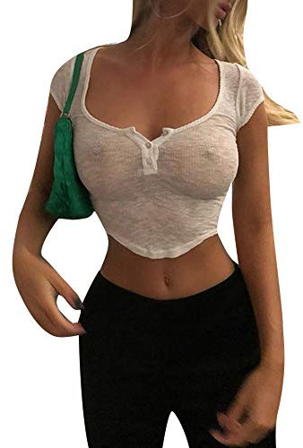 FeMereina Women Sexy Sheer Low Cut T-Shirt Transparent See-Through Short Sleeve Crop Top Y2K Streetwear (White, M)