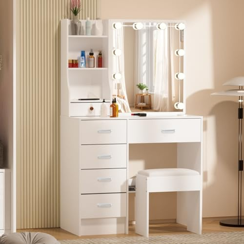 Saimeihome Schminktisch mit LED-Beleuchtung Spiegel und Hocker, 3 dimmbare Lichtfarben | Kosmetiktisch mit 6 Schubladen & 6 Fächer, 80x36x130cm Weiß Frisiertisch Für Mädchen Schlafzimmer