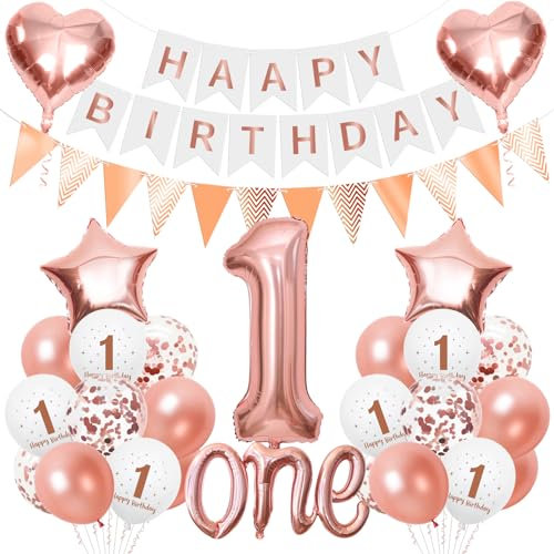 1 Jahr Geburtstag Deko Rosegold, Deko 1. Geburtstag Mädchen, 1. Geburtstags Luftballon mit Happy Birthday Girlande, Geburtstagsdeko 1, Roségold Konfetti Ballon für Erster Geburtstage Mädchen Party