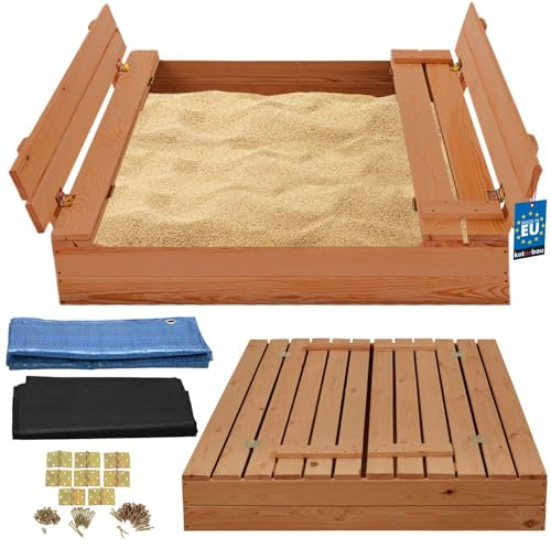 KOTARBAU® Sandkasten mit Abdeckung 100 x 100 cm Braun Großer Holzsandkasten Sandkasten mit Sitzbank und Deckel Gartenspielzeug Kinder imprägniert verschließbar mit Bänken