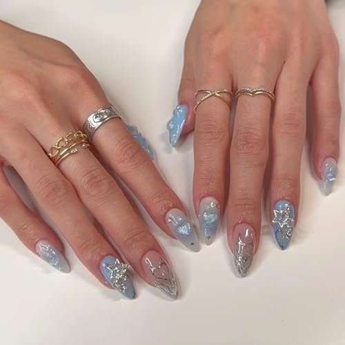 24PCS Almond Press on Nails with Blue Glitter Heart & Star Design – French Tip Fake Nails with Glue for Women, Stick-on Summer Nail Art Kit