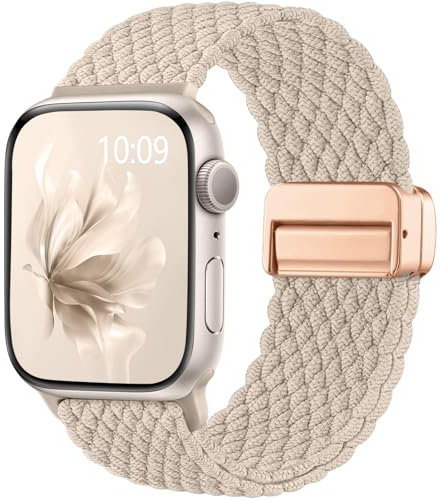 Easuny Braided Strap Compatible with Apple Watch Straps 40mm 42mm 41mm 38mm Women Men - Magnetic Stretchy Elastic Nylon Band for iWatch Strap Series 10 SE 9 8 7 6 5 4 3 2 1 - Champagne