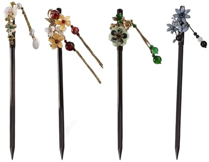 Haarnadeln aus Holz im chinesischen Stil, verziert mit Blumen und Quasten, für Damen und Mädchen, 4 Stück