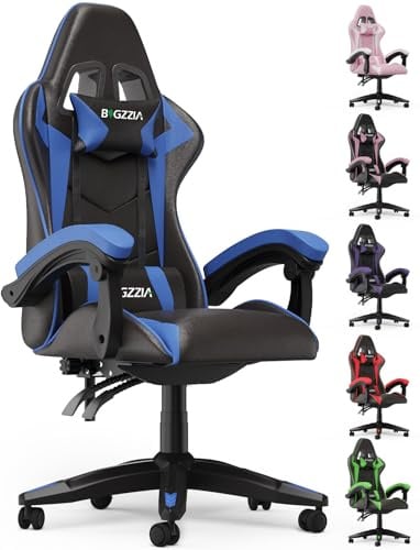 Racingreat Gaming-Stuhl Ergonomischer mit Kopfstütze Lendenstütze (Blau) | PC Stuhl, PU-Leder, Memory-Schaum, 90°–135° Neigungswinkel, Zocker Stuh, Junge Erwachsene Gamer Büro Pause Familien