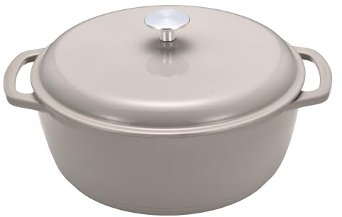 Amazon Basics Schmortopf Rund aus Emailliertem Gusseisen mit Deckel, 6,9 L, Leinengrau