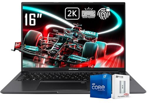ASUS Vivobook - Computer portatile 16, 2K, 1920 x 1200, Intel Core i7-1355U (5 GHz), tastiera retroilluminata, impronte digitali, business, studenti, Wi-Fi 6E, tastiera numerica, nero, Windows 11 Pro