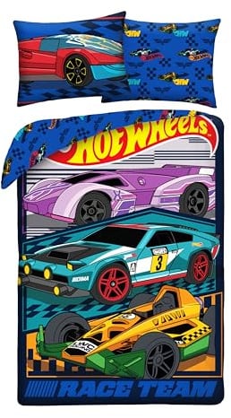 Hot Wheels Race Team Kinderbettwäsche 140x200 + Kissenbezug Rennauto Blau