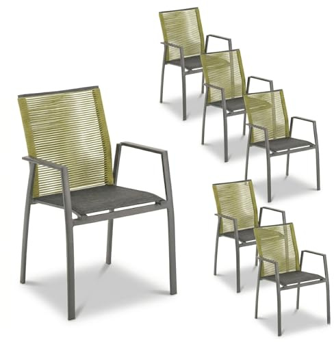 Liadomo Gartenstuhl 6er-Set Limbadi - 6 Stück Stapelstuhl - Aluminium-Gestell - Rope grün - Armlehne Alu - wetterfest - fertig montiert - stapelbar - für Garten, Terrasse, Balkon