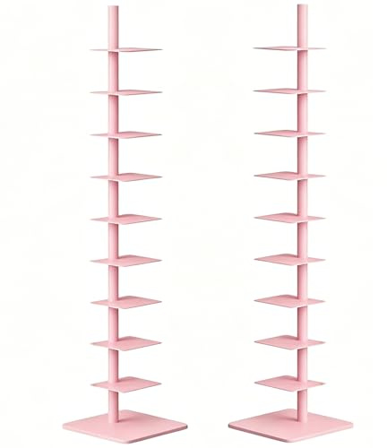 Spine Tower Bookcase - Modern - Metal - 10 Shelves - vertical -Adjustable - Space-Saving - Ideal for Home Office,Living Room,Dining Room,Bedroom Tall Bookcases for Small Spaces (Pink, 15.8x15.8x69)