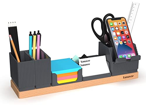 Yanavee Schreibtisch Organizer Tischorganizer Holz Büro Organizer Einstellbaren Stifthalter, Telefonständer, Visitenkarteninhaber, Bleistiftschale, Platzsparende Desk Organizer, Grau