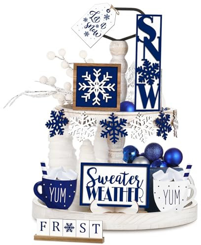 Jetec 12 Pieces Winter Tiered Tray Decor Set Snowflake Wooden Sign Let It Snow Table Decorations Farmhouse Coffee Bar Signs Winter Tray Decor for Home Kitchen Tabletop(Blue)