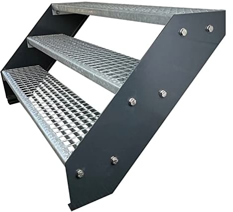 Kaminbau Mierzwa Premium Stahl Treppe Verzinkt & Anthrazit Pulverbeschichtet 3 Stufen (Breite 140 cm) (Höhe 57 cm) Wetterfest Gitterroststufe Gartentreppe