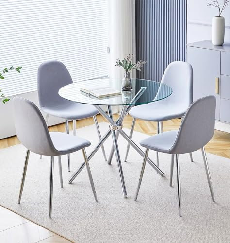 Hallowood Furniture Cullompton Glass Round Dining Table And Chairs Set 4, Small Kitchen Table and Chairs in Grey Fabric, Dining Room Sets Perfect for Home, Office Pantries and Cafes