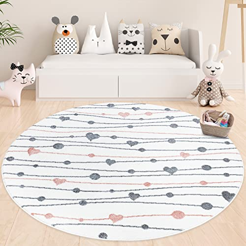 payé Teppich Kinderzimmer Rund - Cream - 160x160cm - Spielteppich Pastellfarben Bunte Herze Punkte Kinderteppich Kurzflor Weich