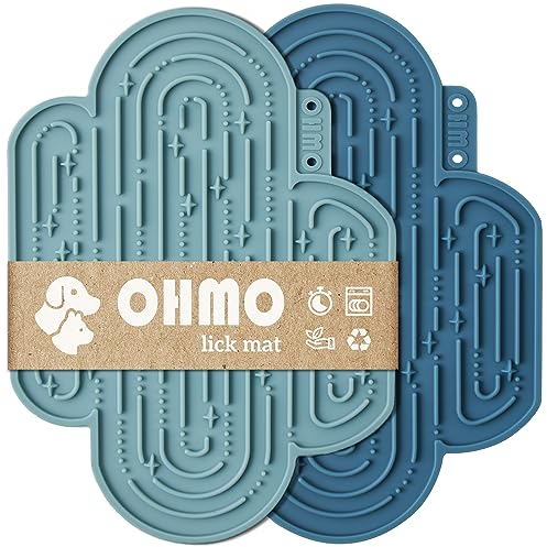 OHMO Schleckmatte Hund, Leckmatte für Welpen Katze - 2 Pcs Cute Cactus Design, für Haustier Angst Relief und langsam füttern, Lebensmittelqualität Silikon (Dunkelblau & Hellblau)
